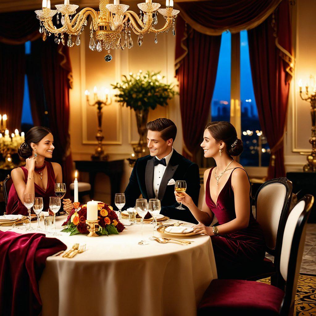 A lavish dinner setup featuring an elegant couple, surrounded by opulent decor, rich textures, and romantic candlelight, symbolizing sugar relationships. Incorporate elements of financial prosperity, like subtle hints of gold and luxurious lifestyle symbols (e.g., designer bags, diamond jewelry). The setting should evoke warmth and intimacy while also reflecting wealth and success. soft-focus. vibrant colors. 3D.