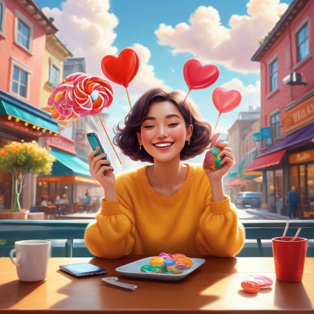 A whimsical illustration of a person sitting in a cozy café, holding a large, colorful lollipop while joyfully engaging with a smartphone displaying heart emojis; in the background, golden dollar signs subtly shaped like clouds float above a sunny cityscape, symbolizing the blend of love and financial abundance. vibrant colors. playful cartoon style.