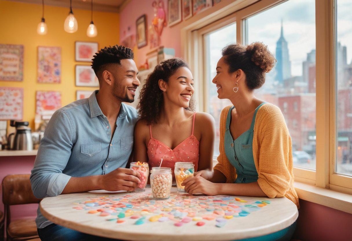 A whimsical coffee shop setting with a diverse couple sharing a laughter-filled conversation, surrounded by vibrant sugar-themed decor like candy jars and heart-shaped treats. Soft pastel colors infuse a sense of warmth and intimacy, while a city skyline is subtly visible through the window. Add elements symbolizing connections, like intertwined hearts and playful doodles in the background. painting. vibrant colors. cozy atmosphere.